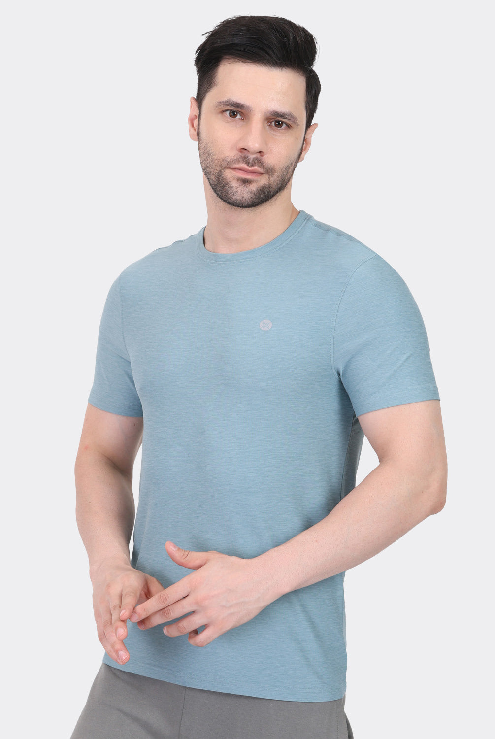 Lavos Men's Airlite Performance T-Shirt in Blue Grass Heather – Side View