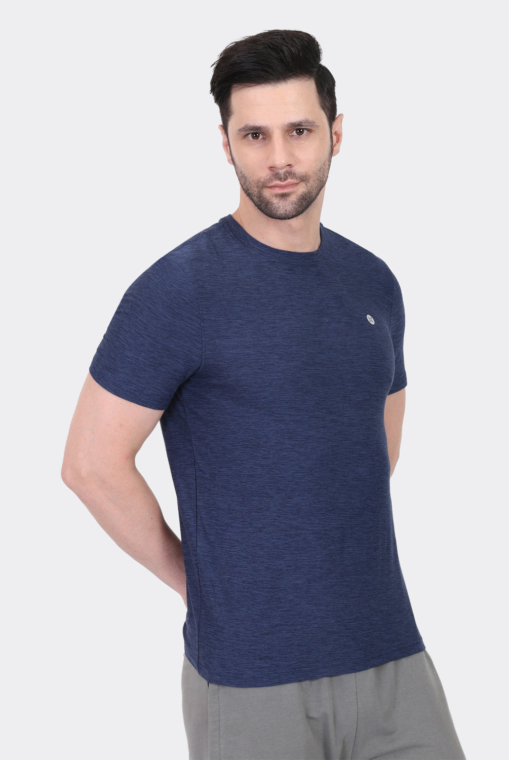 Lavos Men's Airlite Performance T-Shirt in Navy Heather – Side View