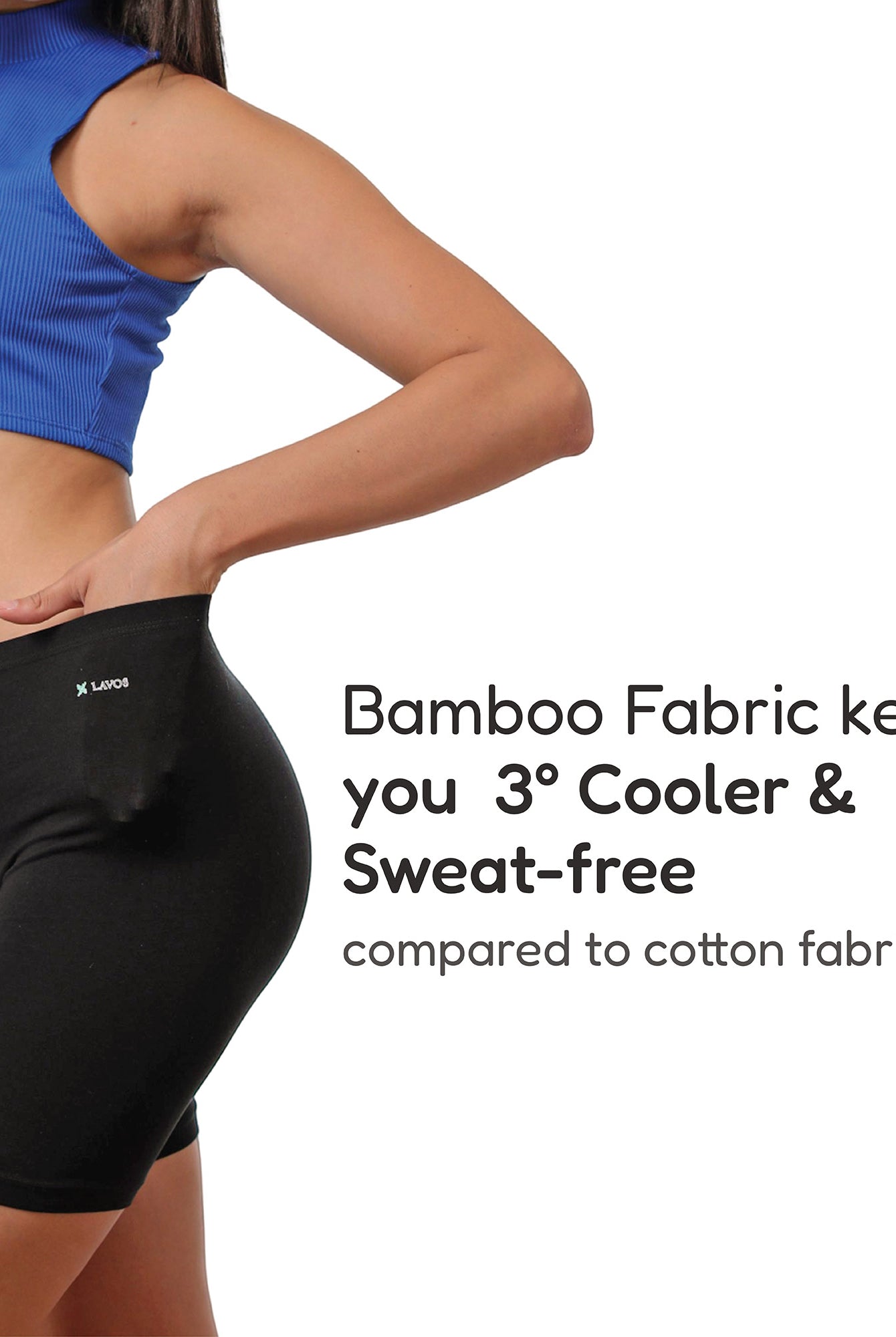 Bamboo Anti-chafing Shorties for ladies & women's photograph that's made with an innovative bamboo and organic cotton fabric from Lavos Performance, a carbon neutral eco-fashion company. Under Dress Woman's Shorty • Made from natural bamboo fabrics • Comfier & functional than regular cotton • Anti chafe Shorty, also known as layering tights • Ultra comfy • Buttery smooth fabric • Sweat wicking & super breathable • Under dress wear for ultimate coverage • Ultimate woman shorty under wear for comfort, style a