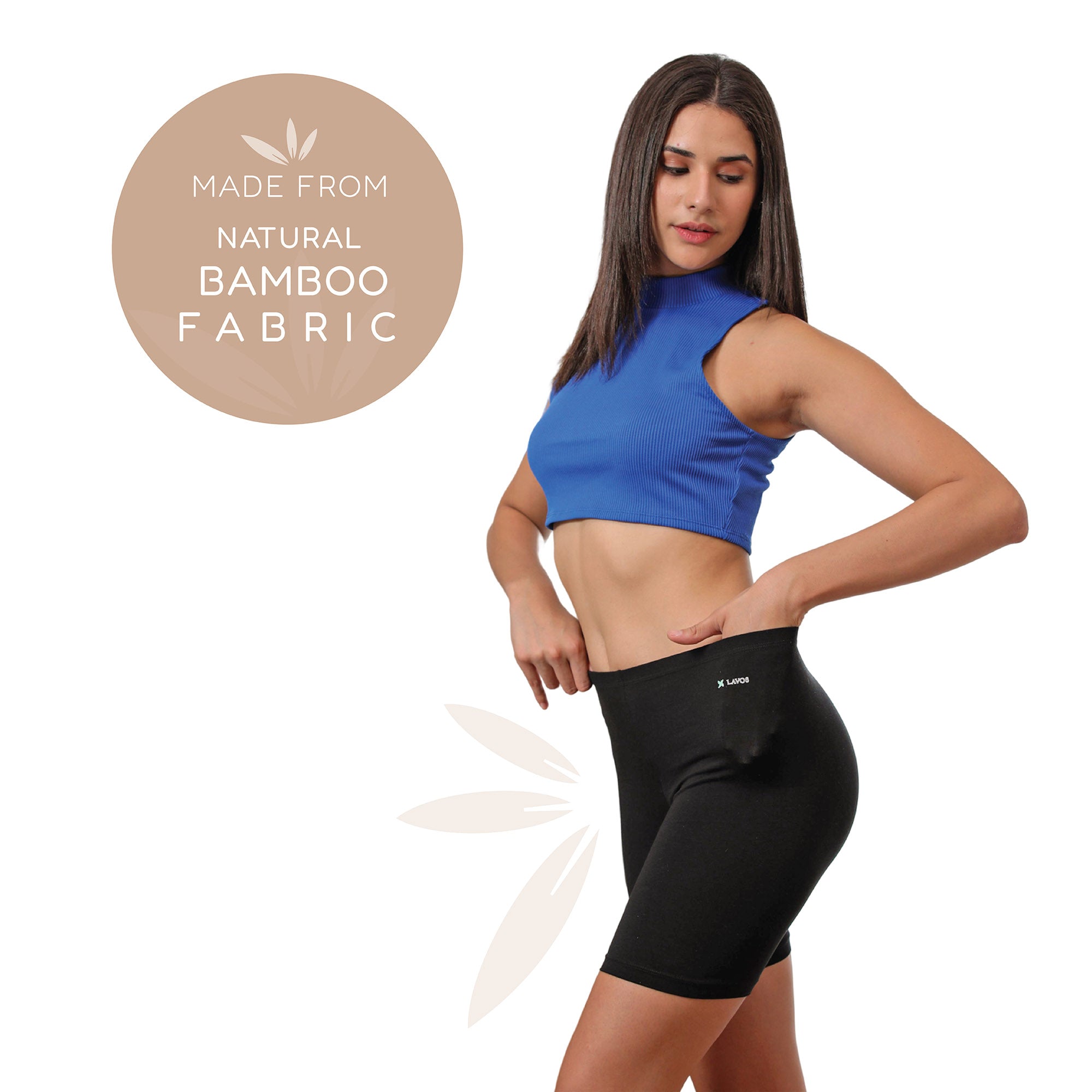 Bamboo Anti-chafing Shorties for ladies & women's photograph that's made with an innovative bamboo and organic cotton fabric from Lavos Performance, a carbon neutral eco-fashion company. Under Dress Woman's Shorty • Made from natural bamboo fabrics • Comfier & functional than regular cotton • Anti chafe Shorty, also known as layering tights • Ultra comfy • Buttery smooth fabric • Sweat wicking & super breathable • Under dress wear for ultimate coverage • Ultimate woman shorty under wear for comfort, style a