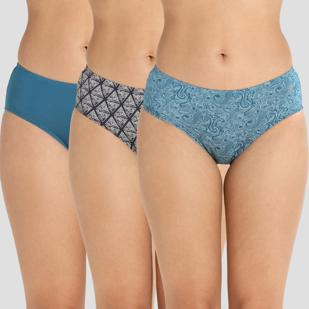 Lavos Women’s Bamboo Modal Mid Waist Hipster – Inner Elastic Comfort (Pack of 3)