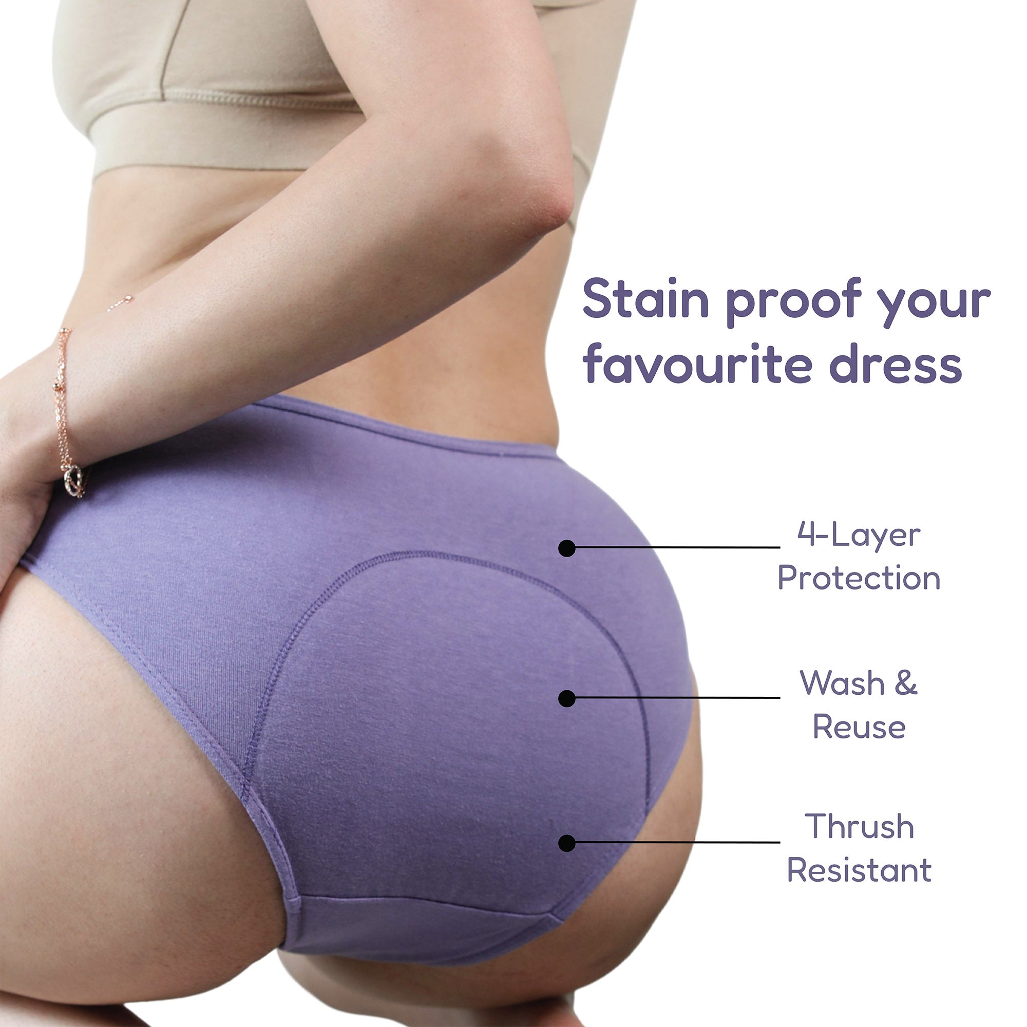 Bamboo Low flow Period Panty for Women's photograph that's made with an innovative bamboo and organic cotton fabric from Lavos Performance, a carbon neutral eco-fashion company. No stain period panty for women • Made from hygienic bamboo fabric • Best reusable period underwear that are antibacterial & odour-resistant • Stain-free • Worry-free • 4-layer protection • Bamboo period panties for women of all age • India's #1 Bamboo Period Panty • Reusable Period Panty