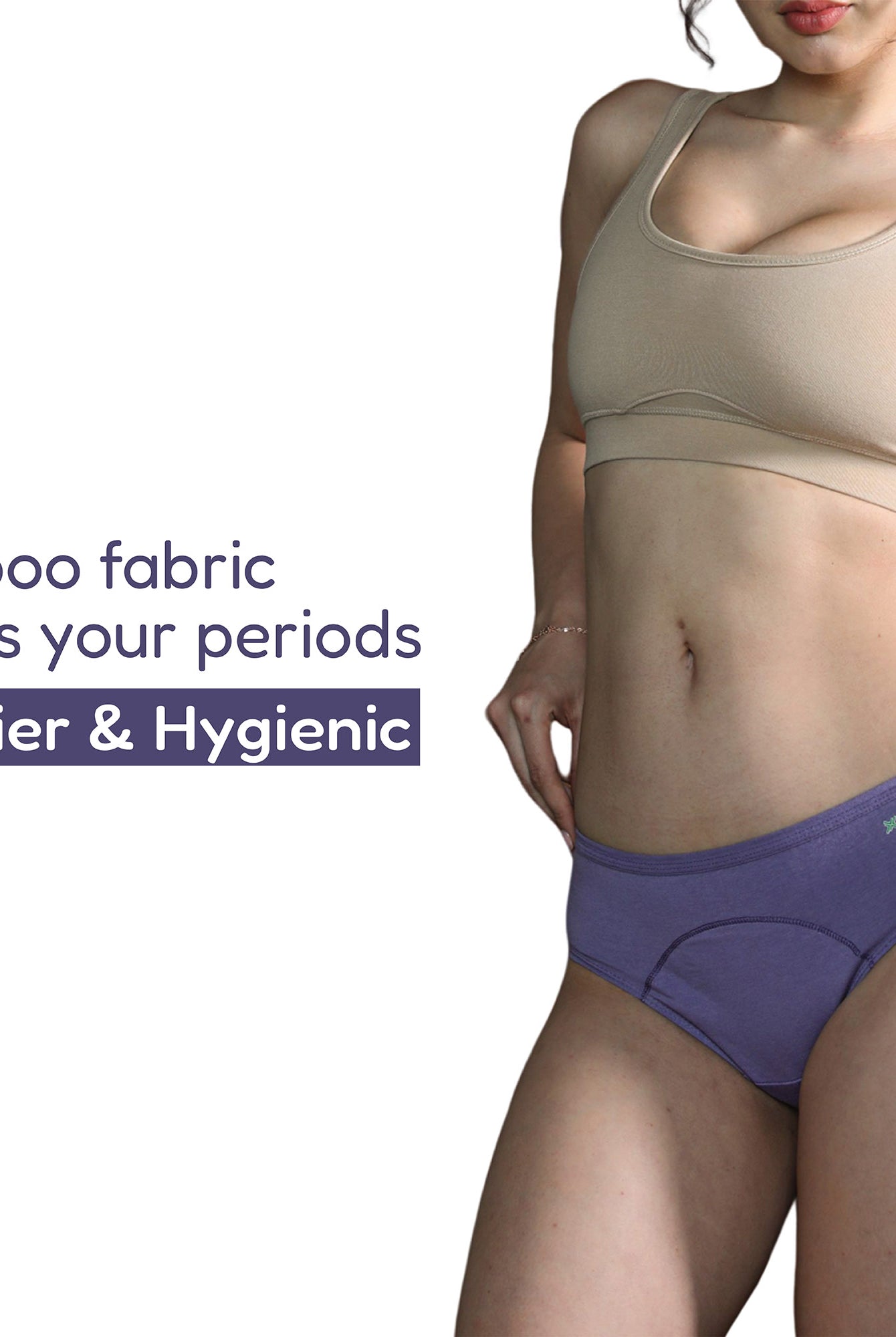 Bamboo Low flow Period Panty for Women's photograph that's made with an innovative bamboo and organic cotton fabric from Lavos Performance, a carbon neutral eco-fashion company. No stain period panty for women • Made from hygienic bamboo fabric • Best reusable period underwear that are antibacterial & odour-resistant • Stain-free • Worry-free • 4-layer protection • Bamboo period panties for women of all age • India's #1 Bamboo Period Panty • Reusable Period Panty