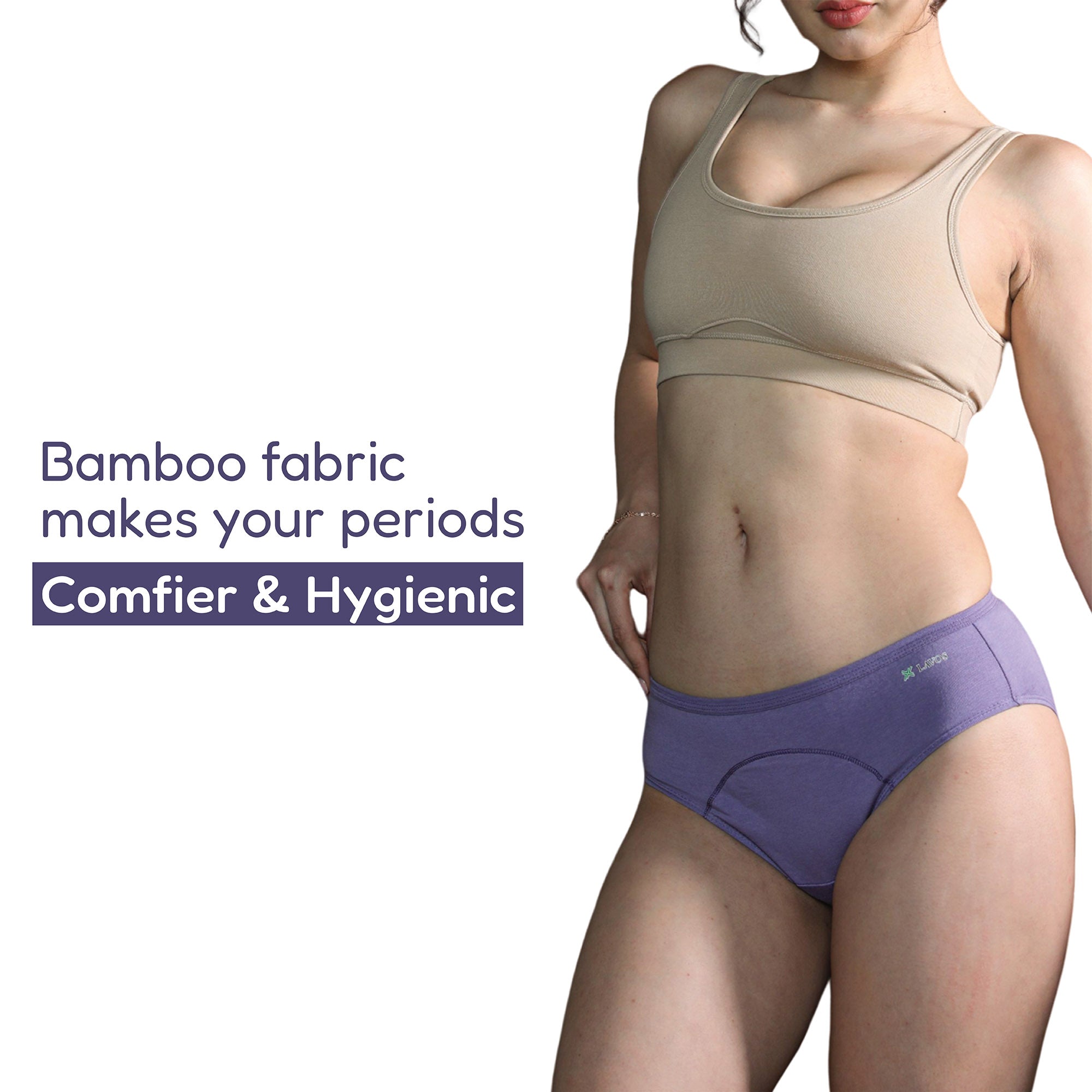 Bamboo Low flow Period Panty for Women's photograph that's made with an innovative bamboo and organic cotton fabric from Lavos Performance, a carbon neutral eco-fashion company. No stain period panty for women • Made from hygienic bamboo fabric • Best reusable period underwear that are antibacterial & odour-resistant • Stain-free • Worry-free • 4-layer protection • Bamboo period panties for women of all age • India's #1 Bamboo Period Panty • Reusable Period Panty