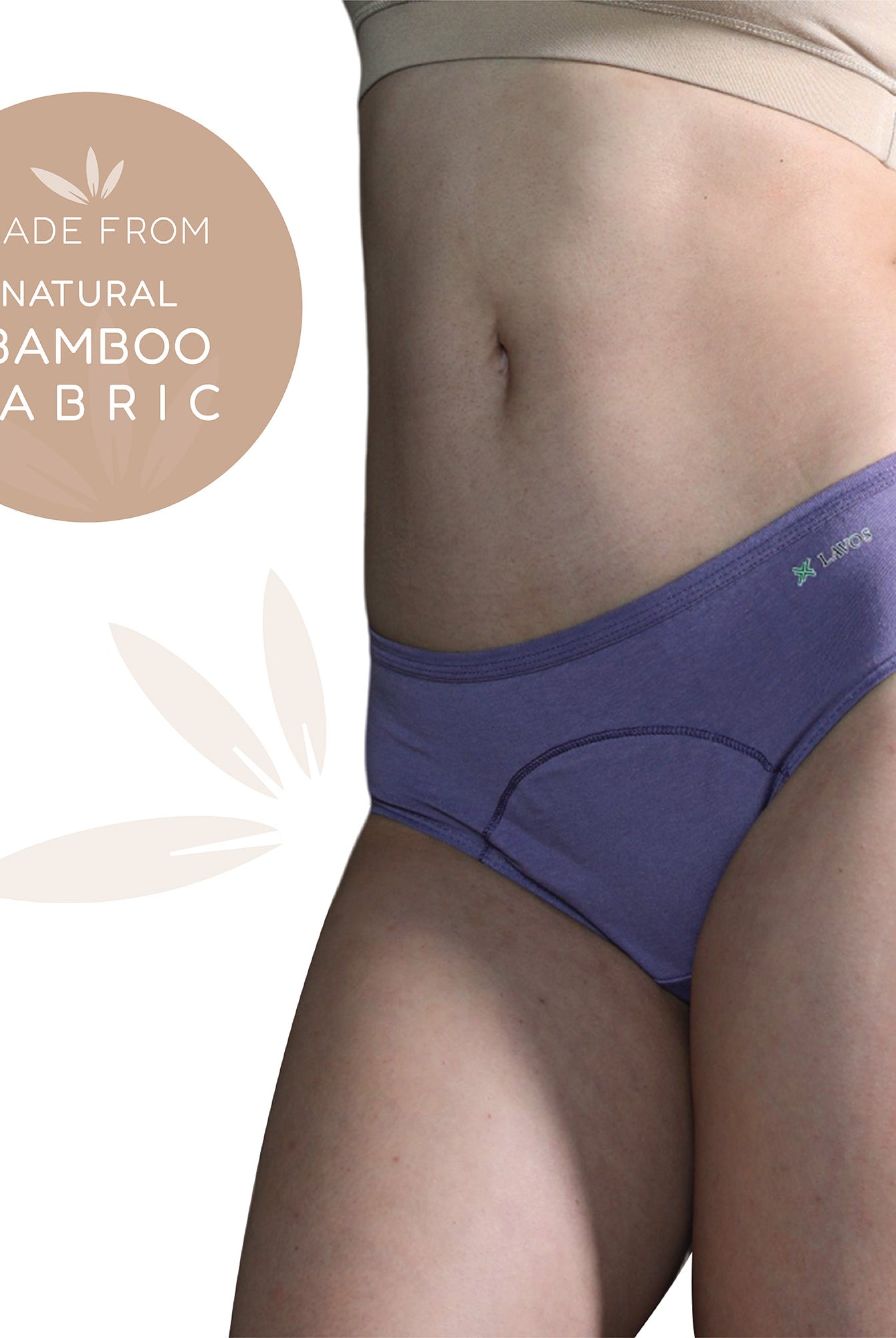 Bamboo Low flow Period Panty for Women's photograph that's made with an innovative bamboo and organic cotton fabric from Lavos Performance, a carbon neutral eco-fashion company. No stain period panty for women • Made from hygienic bamboo fabric • Best reusable period underwear that are antibacterial & odour-resistant • Stain-free • Worry-free • 4-layer protection • Bamboo period panties for women of all age • India's #1 Bamboo Period Panty • Reusable Period Panty