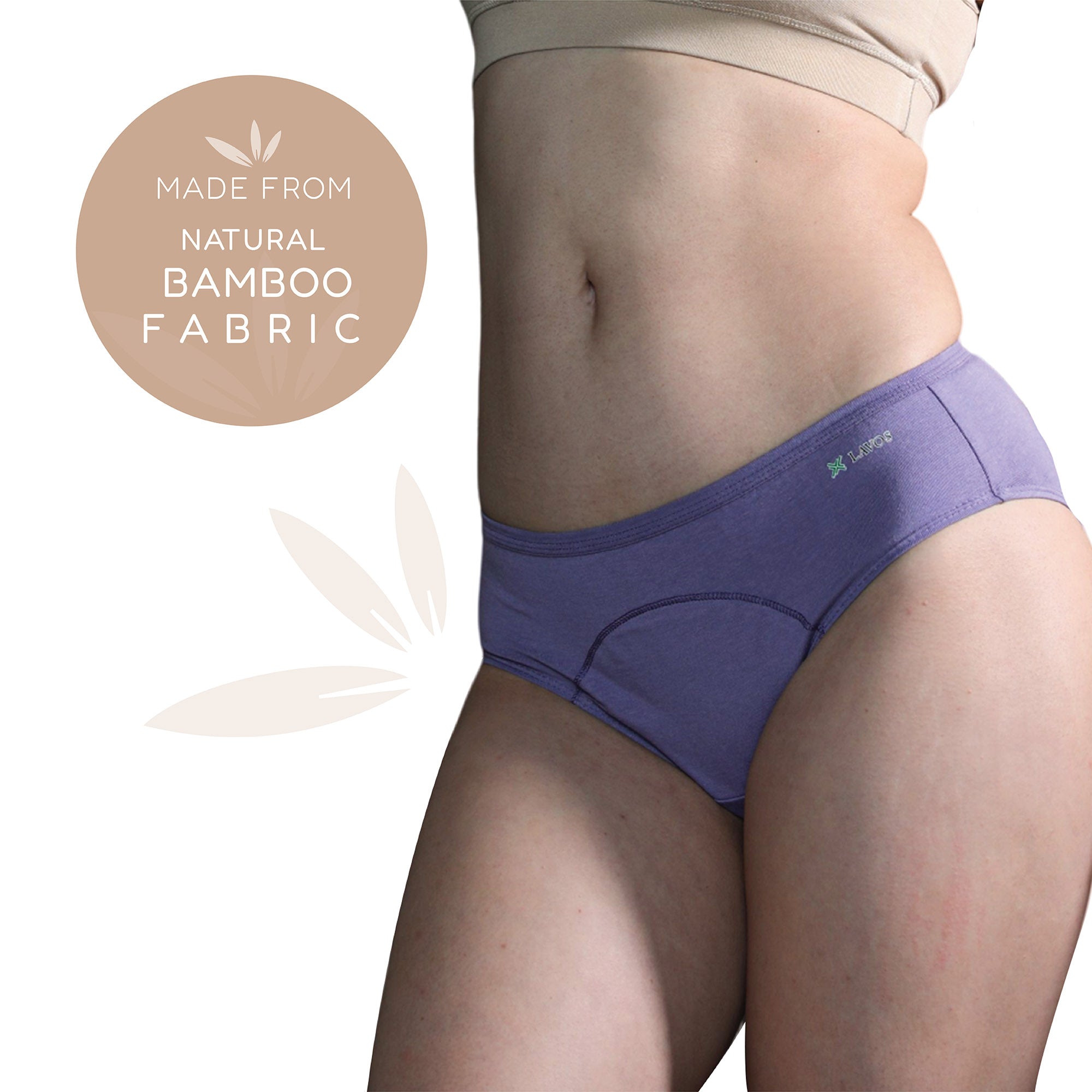 Bamboo Low flow Period Panty for Women's photograph that's made with an innovative bamboo and organic cotton fabric from Lavos Performance, a carbon neutral eco-fashion company. No stain period panty for women • Made from hygienic bamboo fabric • Best reusable period underwear that are antibacterial & odour-resistant • Stain-free • Worry-free • 4-layer protection • Bamboo period panties for women of all age • India's #1 Bamboo Period Panty • Reusable Period Panty