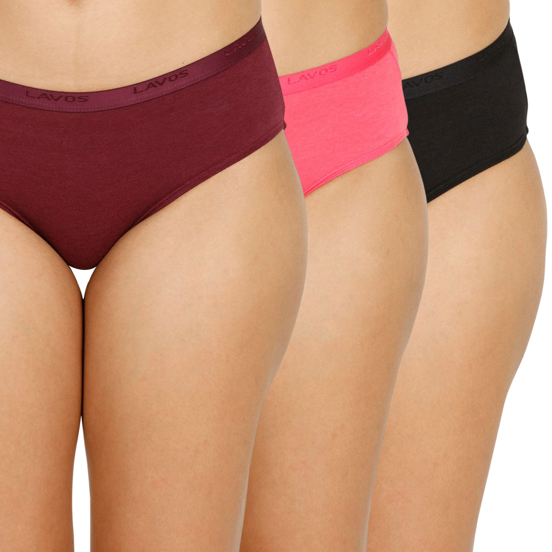 Organic Bamboo Outer elastic Mid waist Hipster for Women- Pack of 3's photograph that's made with an innovative bamboo and organic cotton fabric from Lavos Performance, a carbon neutral eco-fashion company. A hip-hugging hipster panty that gives you the feeling of freedom and comfort you have been looking for. It comes with a soft elastic waistband and a double-layered gusset to ensure comfort. This combo contains a pack of three non-transparent neutral colors panties for day-to-day needs.