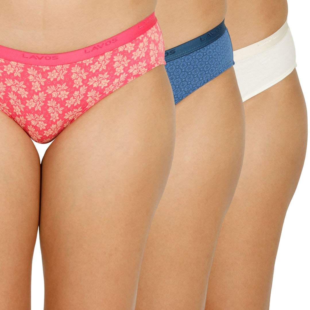 Organic Bamboo outer elastic Printed Bikini for Women-pack of 3's photograph that's made with an innovative bamboo and organic cotton fabric from Lavos Performance, a carbon neutral eco-fashion company. Lavos Performance Women's Bikini made out of Organic cotton and Bamboo is Perfect for your day-to-day routine. Made of signature Air jersey fabric that is extremely soft, lightweight, and skin-friendly. Added front and back coverage. Anti-bacterial and odor-free. Ultra Soft Bamboo/Cotton keeps you cool all d