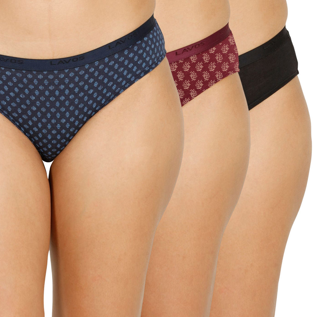 Organic Bamboo outer elastic Printed Bikini for Women-pack of 3's photograph that's made with an innovative bamboo and organic cotton fabric from Lavos Performance, a carbon neutral eco-fashion company. Lavos Performance Women's Bikini made out of Organic cotton and Bamboo is Perfect for your day-to-day routine. Made of signature Air jersey fabric that is extremely soft, lightweight, and skin-friendly. Added front and back coverage. Anti-bacterial and odor-free. Ultra Soft Bamboo/Cotton keeps you cool all d