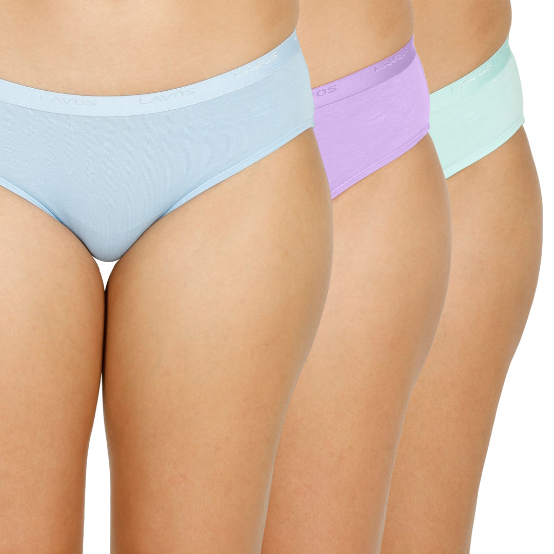 Organic Bamboo outer elastic bikini for Women-pack of 3's photograph that's made with an innovative bamboo and organic cotton fabric from Lavos Performance, a carbon neutral eco-fashion company. Lavos Performance Women's Bikini Panty comes in a pack of 3 with assorted colors. Perfect for your day-to-day routine. Made of signature Air jersey fabric that is extremely soft, lightweight, and skin-friendly. Added front and back coverage. Anti-bacterial and odor-free. Ultra Soft Bamboo/Cotton keeps you cool all d