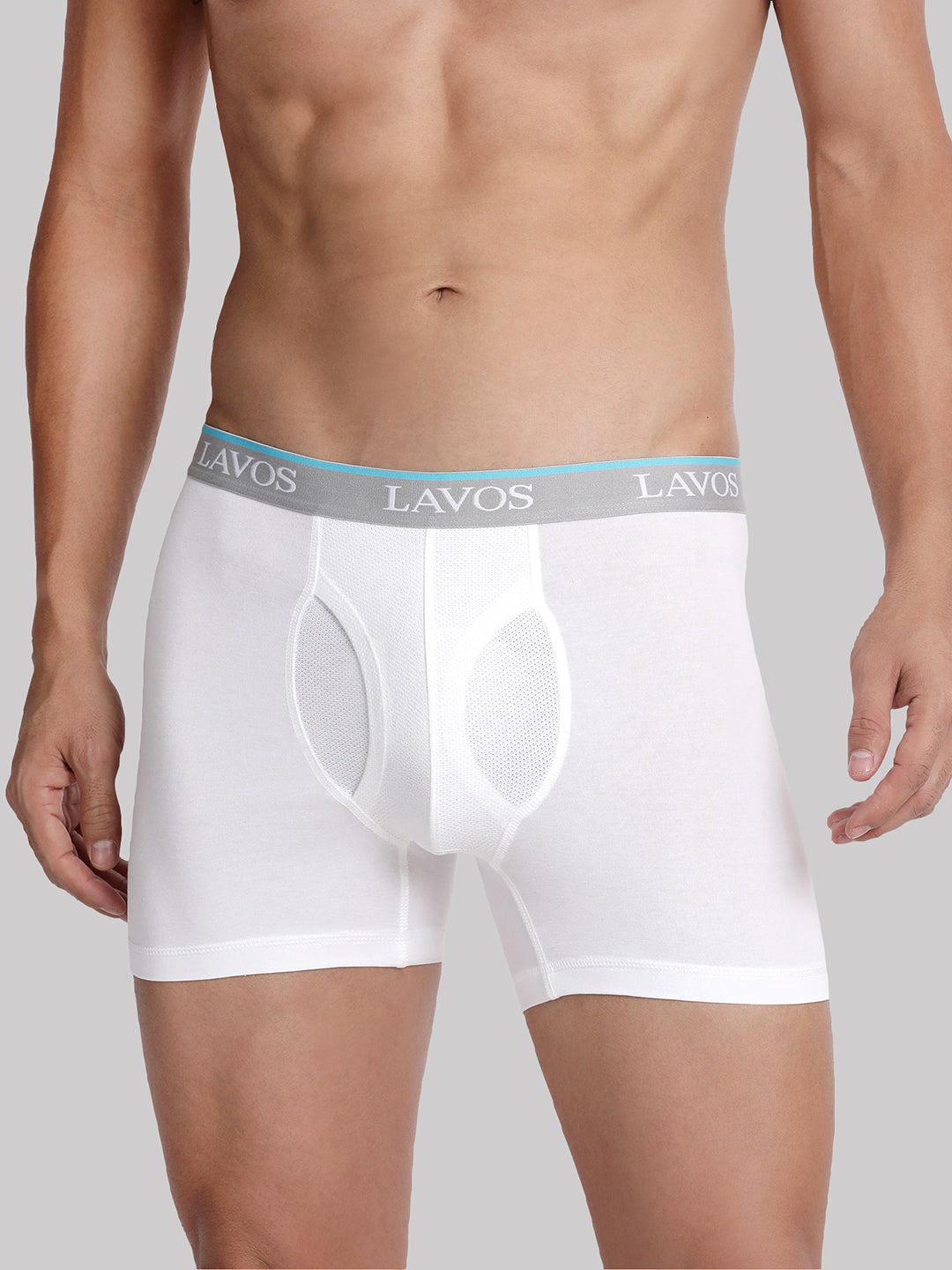 White boxer briefs with a gray waistband featuring 'LAVOS' branding on a plain background.