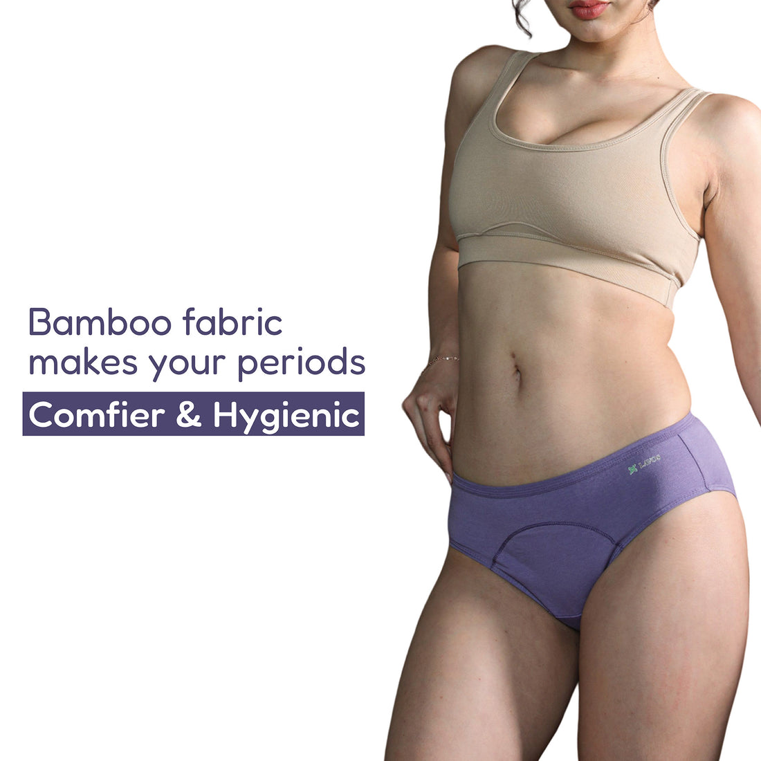 Bamboo Low flow Period Panty for Women's photograph that's made with an innovative bamboo and organic cotton fabric from Lavos Performance, a carbon neutral eco-fashion company. No stain period panty for women • Made from hygienic bamboo fabric • Best reusable period underwear that are antibacterial & odour-resistant • Stain-free • Worry-free • 4-layer protection • Bamboo period panties for women of all age • India's #1 Bamboo Period Panty • Reusable Period Panty