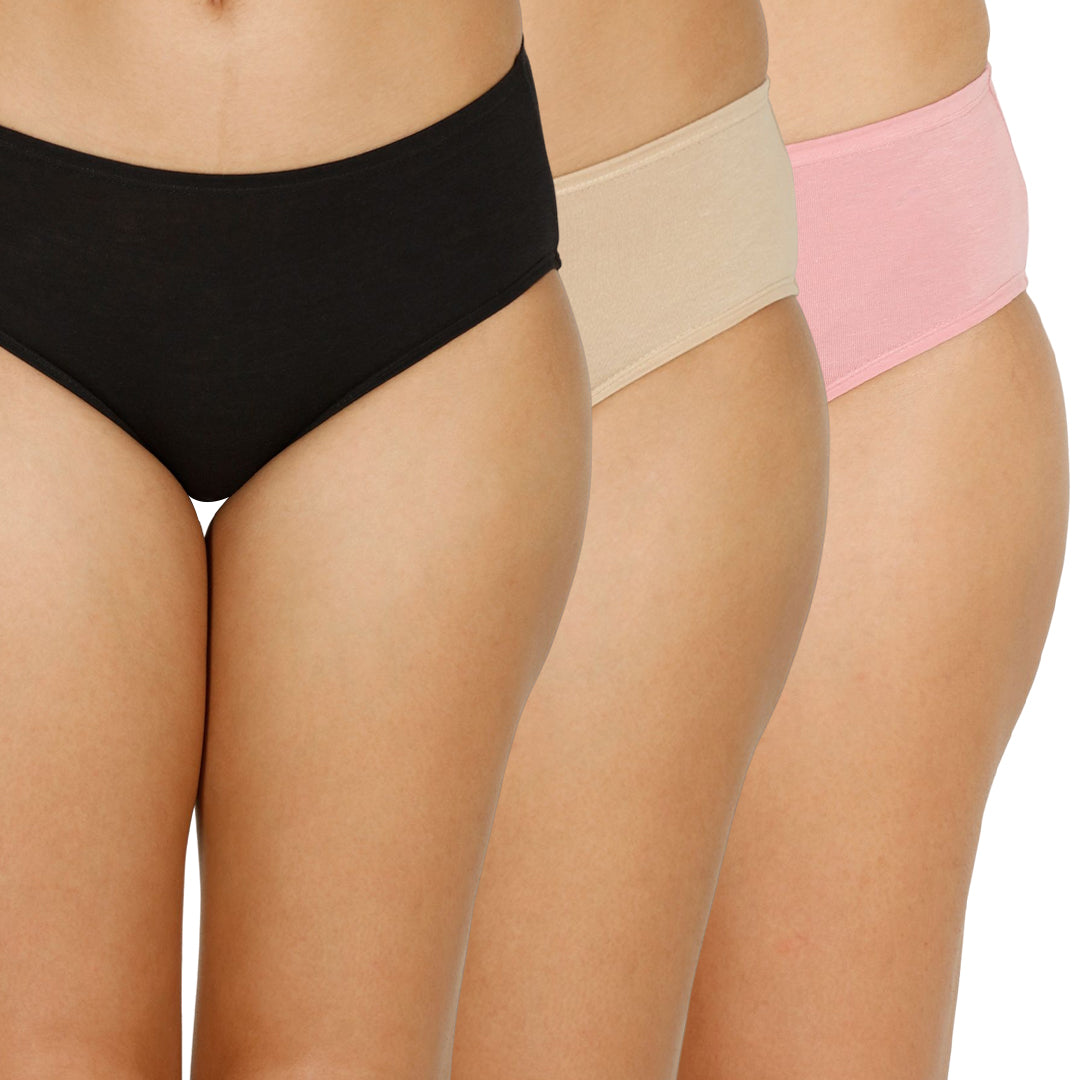 Organic Bamboo Inner elastic Mid waist Hipster for Women- Pack of 3's photograph that's made with an innovative bamboo and organic cotton fabric from Lavos Performance, a carbon neutral eco-fashion company. A hip-hugging hipster panty that gives you the feeling of freedom and comfort you have been looking for. It comes with a soft elastic waistband and a double-layered gusset to ensure comfort. Stabilize the temperature of your sensitive areas. Keep them cool & fresh all day long. 