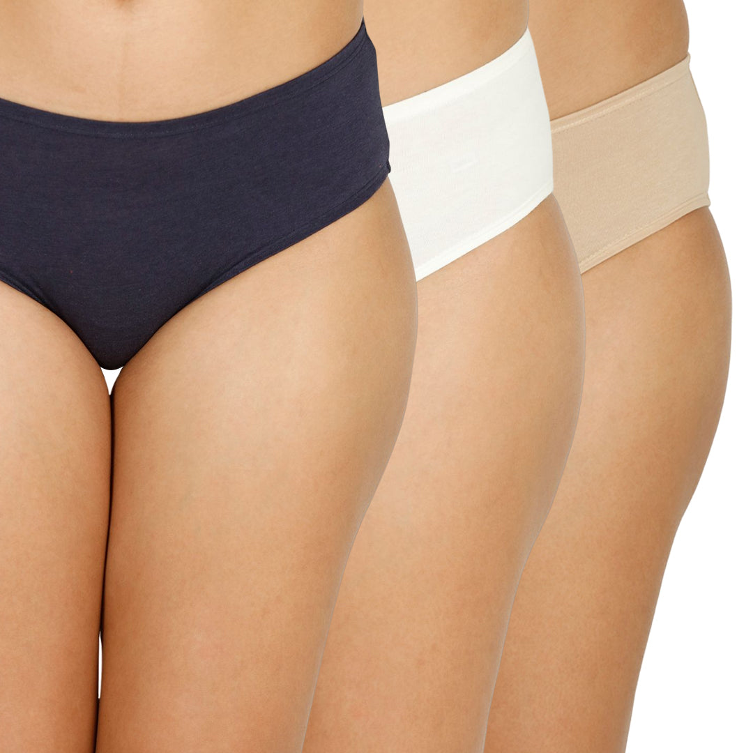 Organic Bamboo Inner elastic Mid waist Hipster for Women- Pack of 3's photograph that's made with an innovative bamboo and organic cotton fabric from Lavos Performance, a carbon neutral eco-fashion company. A hip-hugging hipster panty that gives you the feeling of freedom and comfort you have been looking for. It comes with a soft elastic waistband and a double-layered gusset to ensure comfort. Stabilize the temperature of your sensitive areas. Keep them cool & fresh all day long. 