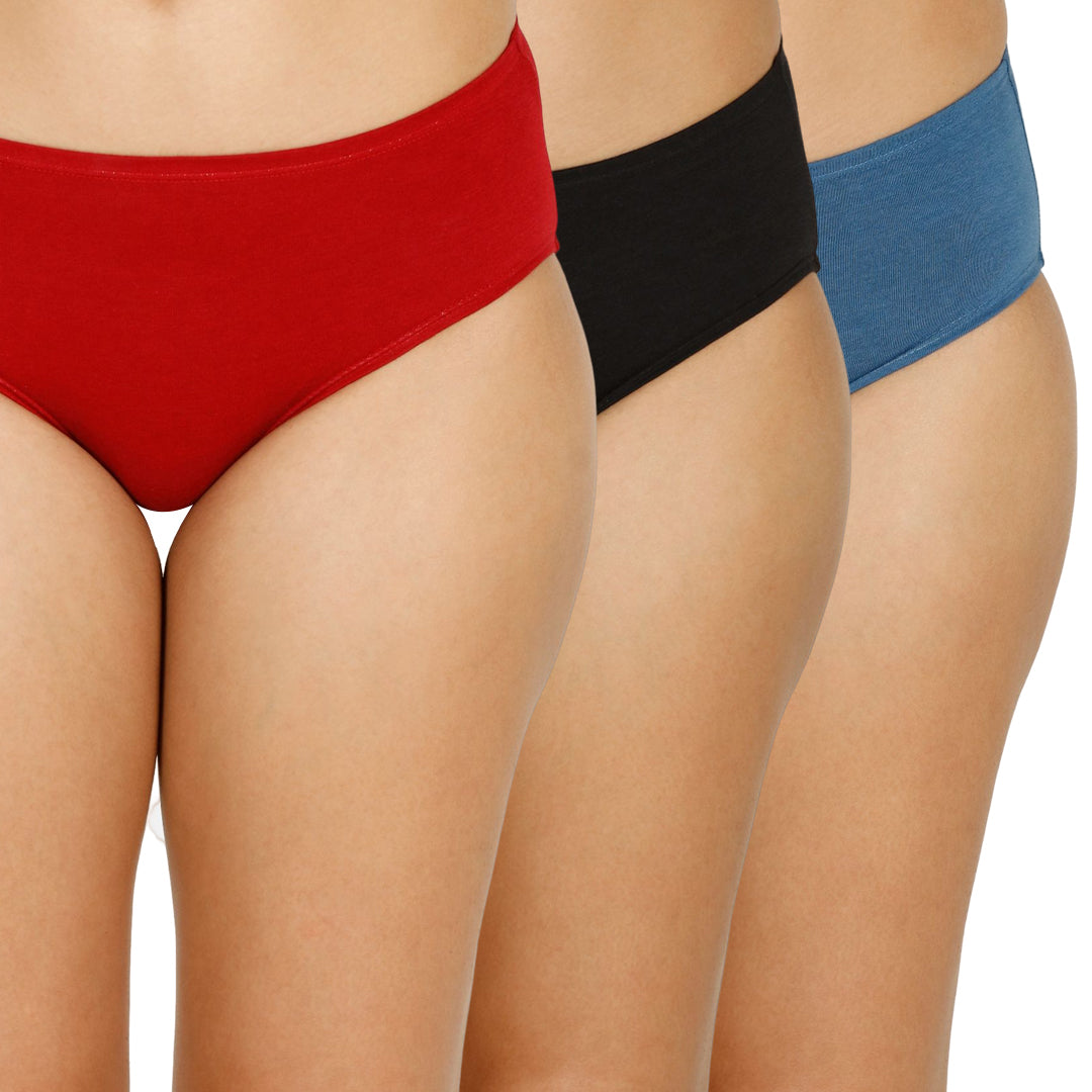 Organic Bamboo Inner elastic Mid waist Hipster for Women- Pack of 3's photograph that's made with an innovative bamboo and organic cotton fabric from Lavos Performance, a carbon neutral eco-fashion company. A hip-hugging hipster panty that gives you the feeling of freedom and comfort you have been looking for. It comes with a soft elastic waistband and a double-layered gusset to ensure comfort. Stabilize the temperature of your sensitive areas. Keep them cool & fresh all day long. 
