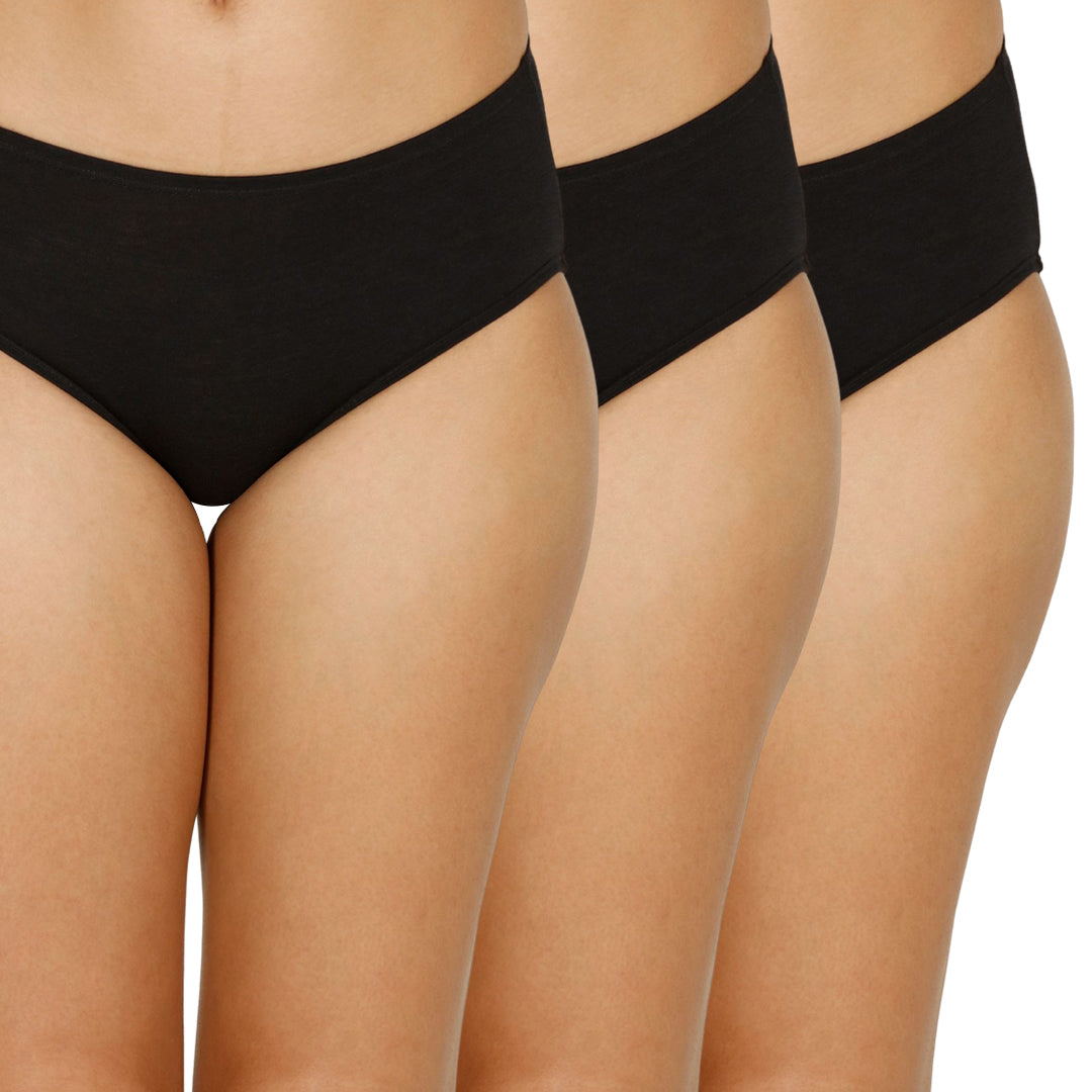 Organic Bamboo Inner elastic Mid waist Hipster for Women- Pack of 3's photograph that's made with an innovative bamboo and organic cotton fabric from Lavos Performance, a carbon neutral eco-fashion company. A hip-hugging hipster panty that gives you the feeling of freedom and comfort you have been looking for. It comes with a soft elastic waistband and a double-layered gusset to ensure comfort. Stabilize the temperature of your sensitive areas. Keep them cool & fresh all day long. 