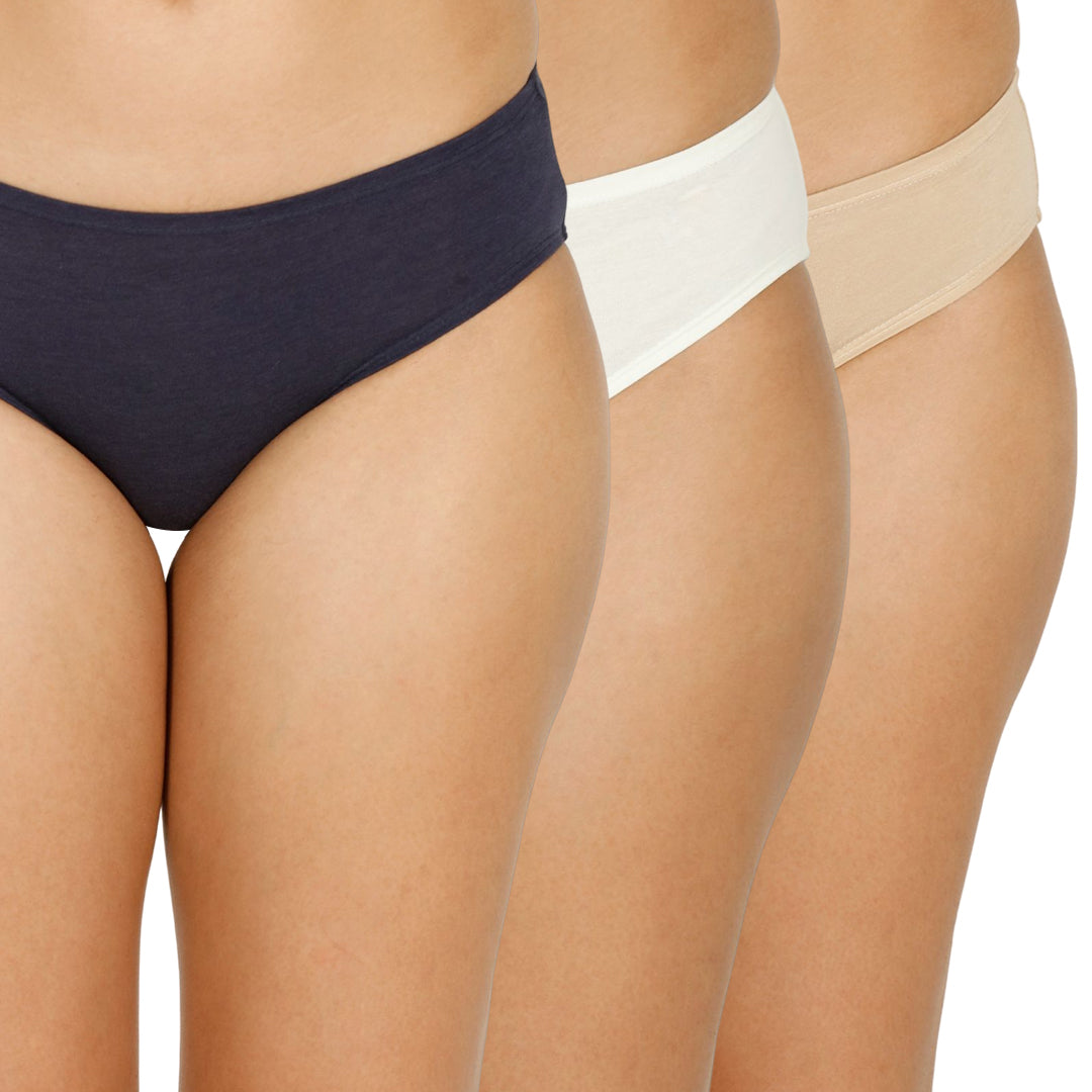 Organic bamboo Inner elastic Bikini for Women - Pack of 3's photograph that's made with an innovative bamboo and organic cotton fabric from Lavos Performance, a carbon neutral eco-fashion company. Lavos Performance Women's Bikini Panty is made out of Organic cotton and bamboo. Perfect for your day-to-day routine. Made of signature Air jersey fabric that is extremely soft, lightweight, and skin-friendly. Added front and back coverage. Anti-bacterial and odor-free. Ultra Soft Bamboo/Cotton keeps you cool all 