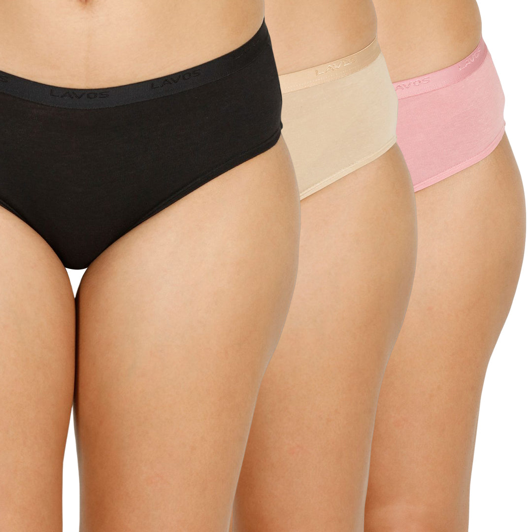 Organic Bamboo Outer elastic Mid waist Hipster for Women- Pack of 3's photograph that's made with an innovative bamboo and organic cotton fabric from Lavos Performance, a carbon neutral eco-fashion company. A hip-hugging hipster panty that gives you the feeling of freedom and comfort you have been looking for. It comes with a soft elastic waistband and a double-layered gusset to ensure comfort. This combo contains a pack of three non-transparent neutral colors panties for day-to-day needs. 