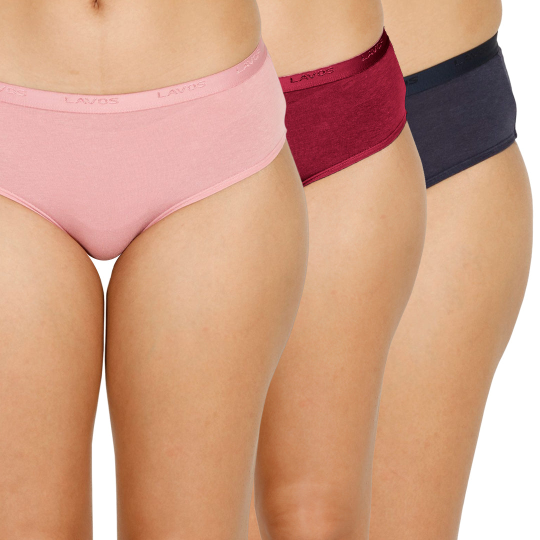 Organic Bamboo Outer elastic Mid waist Hipster for Women- Pack of 3's photograph that's made with an innovative bamboo and organic cotton fabric from Lavos Performance, a carbon neutral eco-fashion company. A hip-hugging hipster panty that gives you the feeling of freedom and comfort you have been looking for. It comes with a soft elastic waistband and a double-layered gusset to ensure comfort. This combo contains a pack of three non-transparent neutral colors panties for day-to-day needs. 