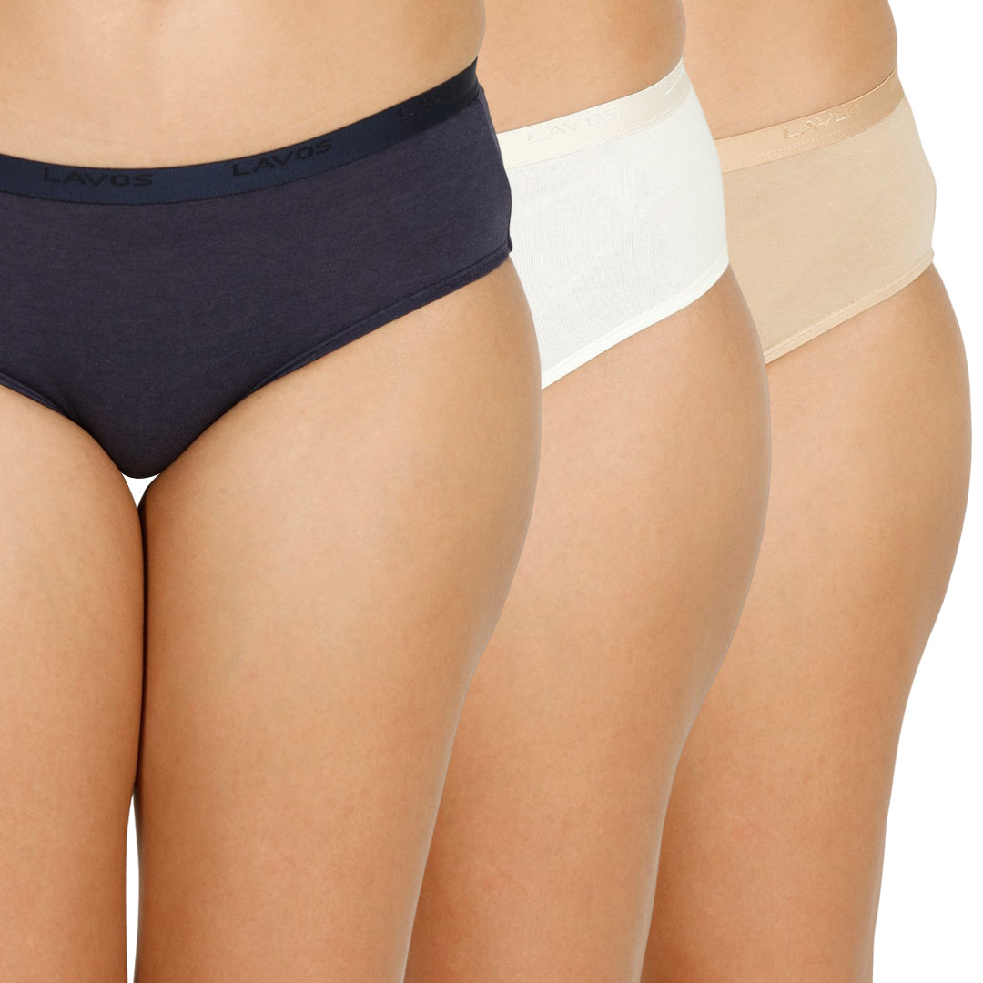 Organic Bamboo Outer elastic Mid waist Hipster for Women- Pack of 3's photograph that's made with an innovative bamboo and organic cotton fabric from Lavos Performance, a carbon neutral eco-fashion company. A hip-hugging hipster panty that gives you the feeling of freedom and comfort you have been looking for. It comes with a soft elastic waistband and a double-layered gusset to ensure comfort. This combo contains a pack of three non-transparent neutral colors panties for day-to-day needs. 