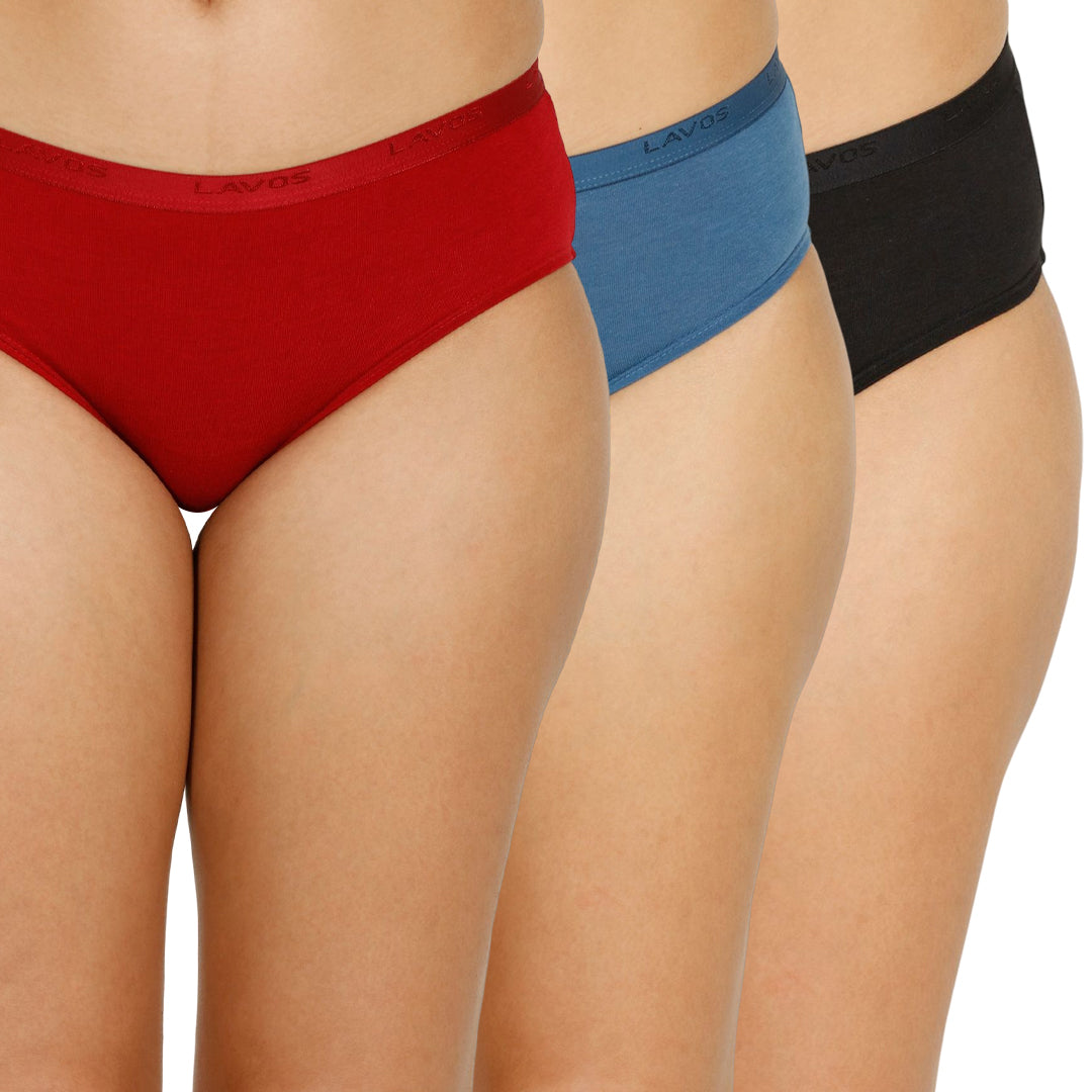 Organic Bamboo Outer elastic Mid waist Hipster for Women- Pack of 3's photograph that's made with an innovative bamboo and organic cotton fabric from Lavos Performance, a carbon neutral eco-fashion company. A hip-hugging hipster panty that gives you the feeling of freedom and comfort you have been looking for. It comes with a soft elastic waistband and a double-layered gusset to ensure comfort. This combo contains a pack of three non-transparent neutral colors panties for day-to-day needs. 