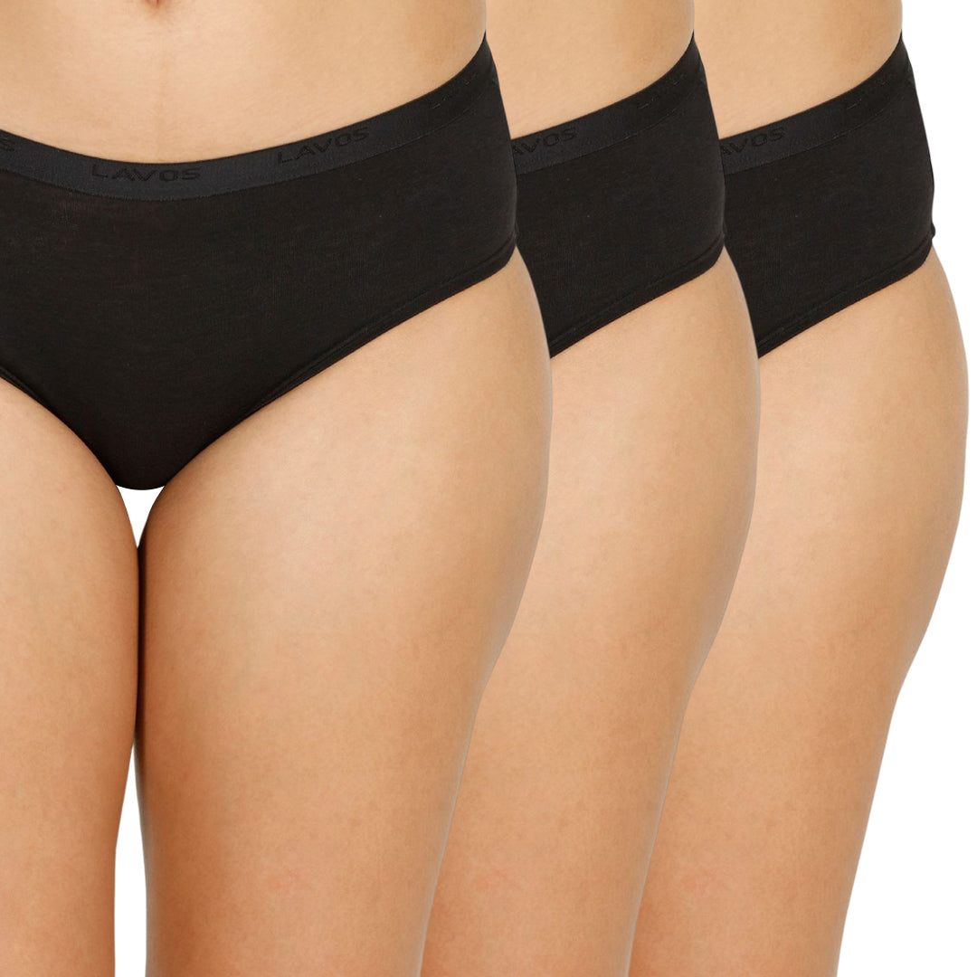 Organic Bamboo Outer elastic Mid waist Hipster for Women- Pack of 3's photograph that's made with an innovative bamboo and organic cotton fabric from Lavos Performance, a carbon neutral eco-fashion company. A hip-hugging hipster panty that gives you the feeling of freedom and comfort you have been looking for. It comes with a soft elastic waistband and a double-layered gusset to ensure comfort. This combo contains a pack of three non-transparent neutral colors panties for day-to-day needs. 