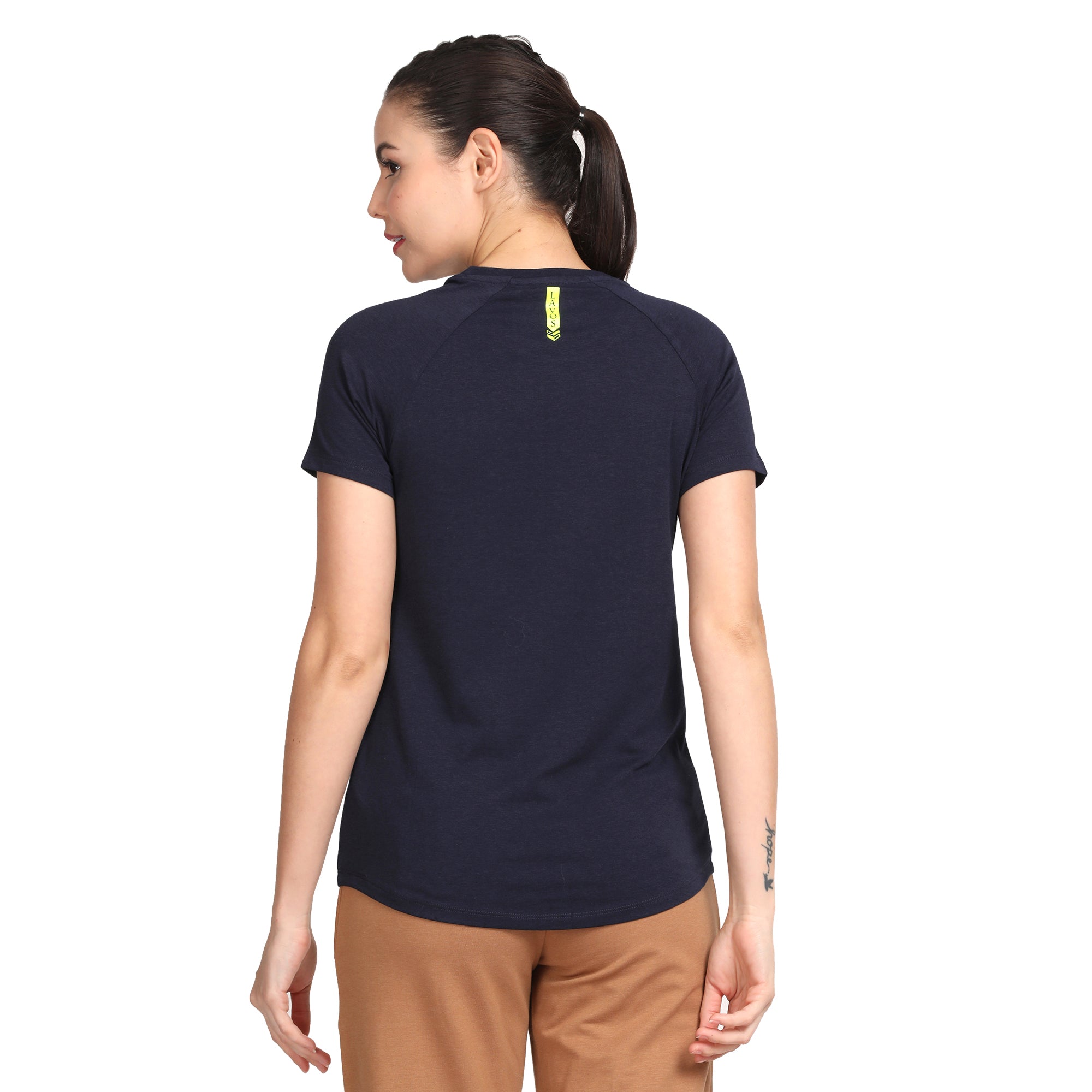 Women's Active Round Neck Tee's photograph that's made with an innovative bamboo and organic cotton fabric from Lavos Performance, a carbon neutral eco-fashion company. 