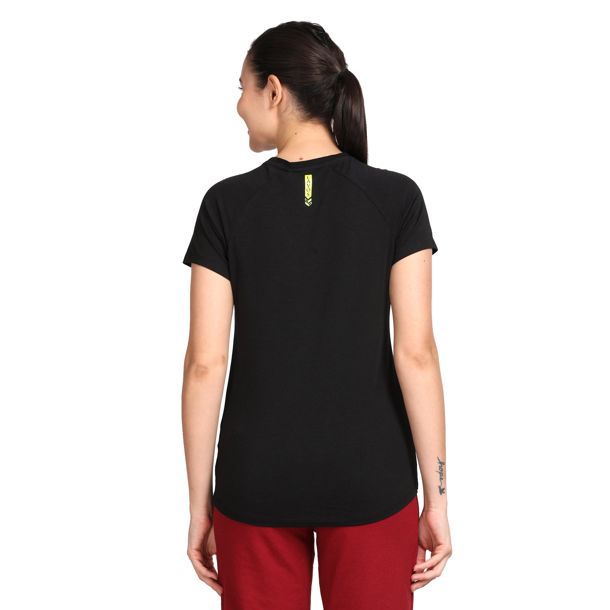 Women's Active Round Neck Tee's photograph that's made with an innovative bamboo and organic cotton fabric from Lavos Performance, a carbon neutral eco-fashion company. 